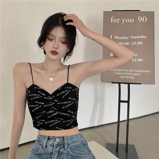 买一送一辣妹印花打底黑色吊带带胸垫背心女内搭夏季性感纯欲春季短款上衣 商品图1