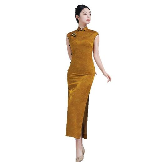 GX复古国风新中式长款无袖旗袍2025春新款黄色气质修身旗袍 商品图4