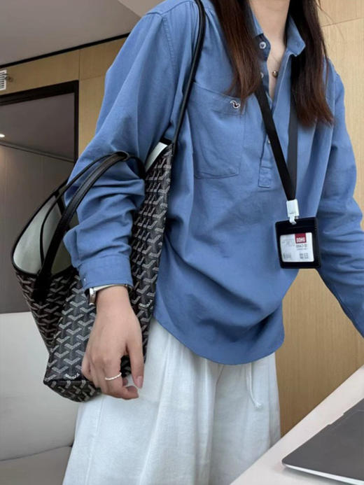 丁摩 早春新款高级感极简风休闲百搭半开翻领蓝色长袖衬衫女5ZF-51007 商品图5