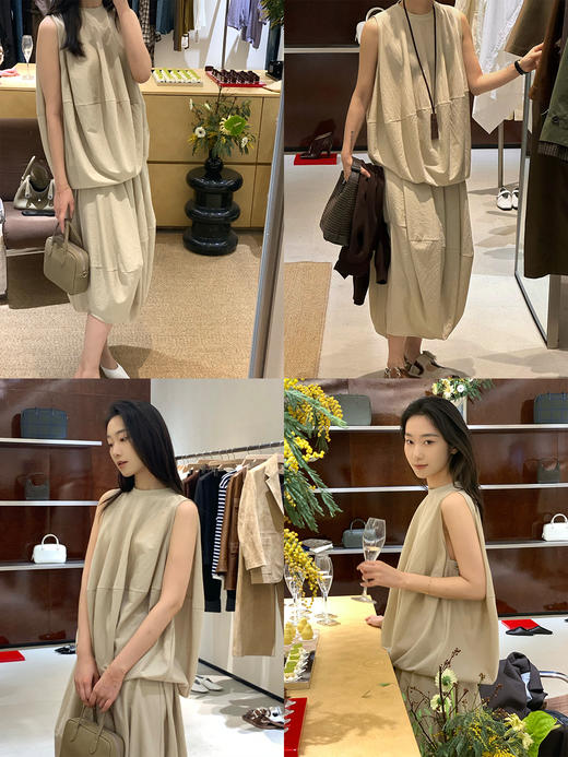 HIDEMI 【当当同款】极简立裁大廓形灯笼设计感手作拼接背心半裙套装 商品图1