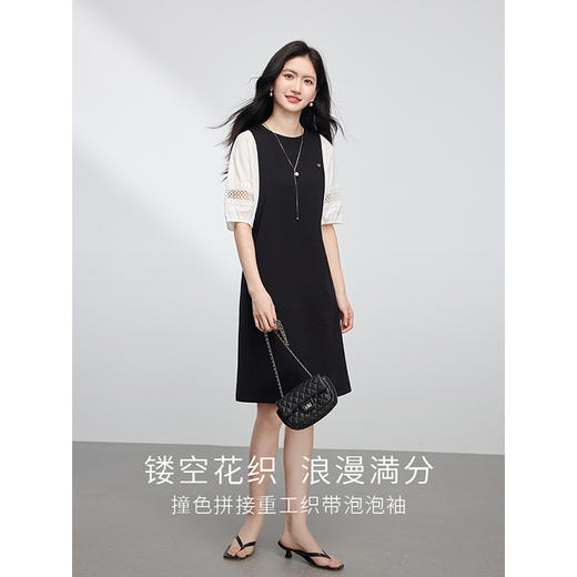 【专属特价】熙世界法式镂空泡泡袖假两件拼接黑色连衣裙女小个子2025夏季新款 商品图2