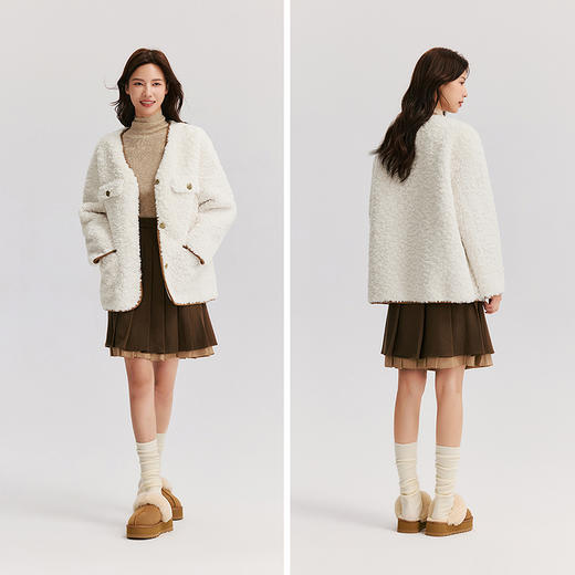 森马外套女中长款仿兔毛V领落肩时尚冬新款气质宽松夹克复古 商品图3