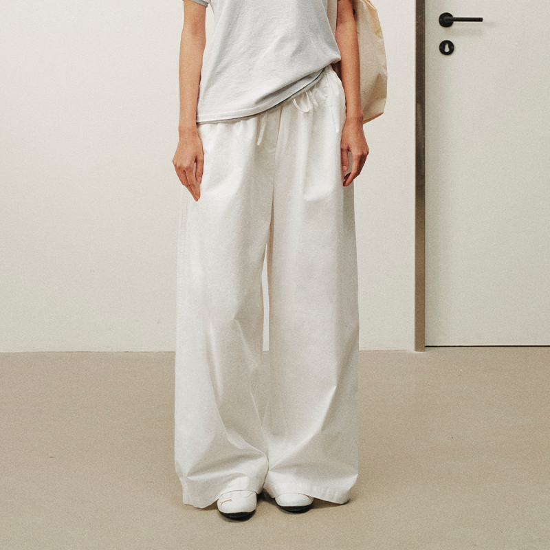 NUTH纯棉慵懒宽松阔腿抽绳休闲裤女 白色/藏蓝色