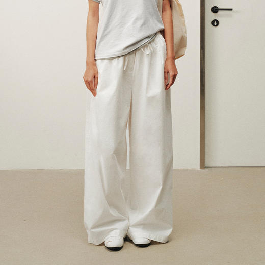 NUTH纯棉慵懒宽松阔腿抽绳休闲裤女 白色/藏蓝色 商品图0