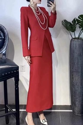 ELLA JADE 红色中式V领外套半裙套装 19865