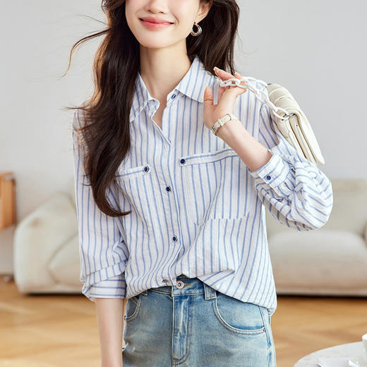百媚生 纯棉条纹衬衫女长袖双口袋衬衣52083 商品图1
