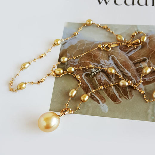 【天然正品】AU750黄金镶天然近圆12MM浓金色keshi海水珍珠吊坠项链直径：12MM（皆取最大值）女士现售价：4680！160325NJM02 商品图5