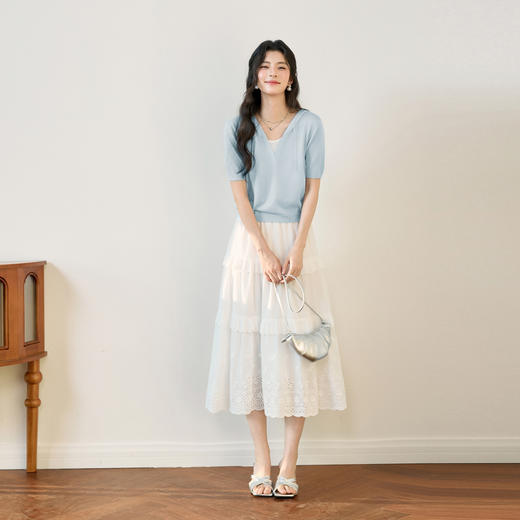 【严选】诗凡黎慵懒氛围假两件针织2025夏新款轻薄透气叠穿连帽毛衫女7G3431321 商品图1