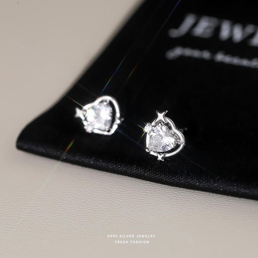 【四芒星】s999纯银爱心锆石耳钉【YXS-E5326】 商品图3