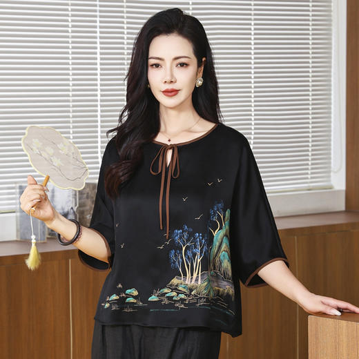 LS-LX2823高端香云纱上衣女中袖2025夏装新款国风印花真丝衬衫宽松大码T恤 商品图0