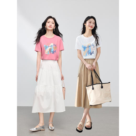 【专属特价】熙世界休闲印花体恤上衣女2025夏季新款时尚流行粉色短袖T恤正肩 商品图2