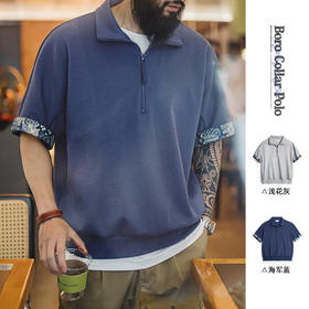 工装优选 美式复古boro风半开襟polo古布印花宽松休闲翻领T恤男夏