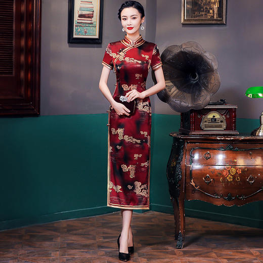 HQ-JYJ-072红色旗袍新中式长款桑蚕丝年轻款复古中国风旗袍连衣裙 商品图1