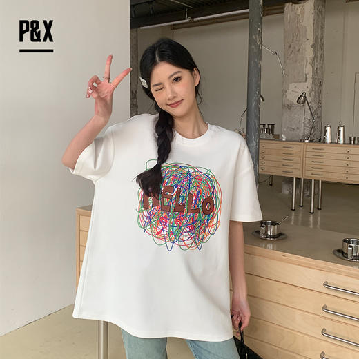 P&X设计师女装新款夏季美式涂鸦印花小众设计感T恤824202561B 白色 商品图3