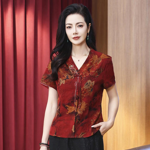 LS-LX2826冠乐绉香云纱上衣女夏装新款V领新中式复古印花桑蚕丝真丝小衫 商品图0