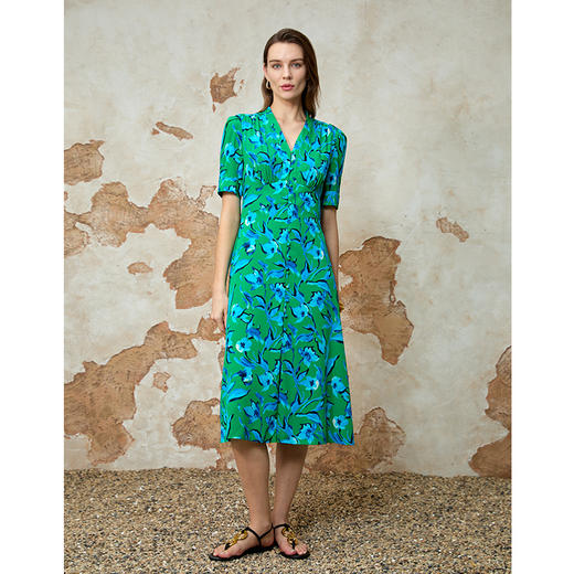 EITIE爱特爱时尚高腰a字显瘦撞色印花V领连衣裙夏季新款8207939 商品图3