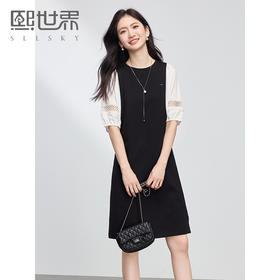 【专属特价】熙世界法式镂空泡泡袖假两件拼接黑色连衣裙女小个子2025夏季新款