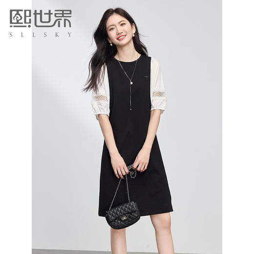 【专属特价】熙世界法式镂空泡泡袖假两件拼接黑色连衣裙女小个子2025夏季新款 商品图0
