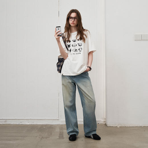 714street夏季美式复古水洗做旧动物印花插肩短袖T恤男情侣款上衣 商品图5