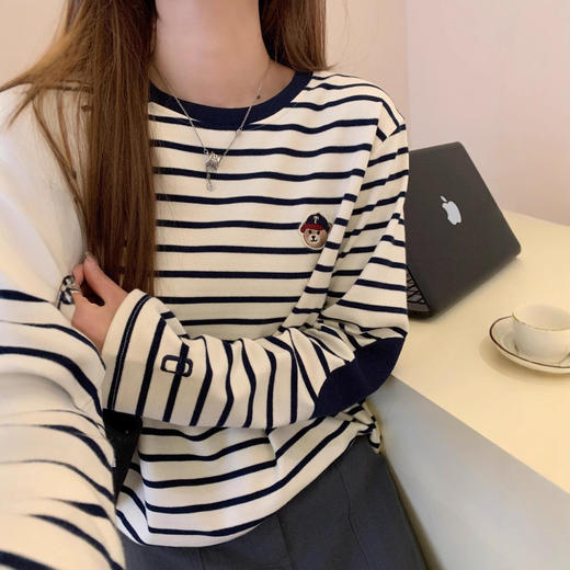 素家同款条纹小熊！2025新款宽松休闲男女款长袖T恤百搭显瘦撞色圆领衫！ 商品图2