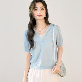 【严选】诗凡黎慵懒氛围假两件针织2025夏新款轻薄透气叠穿连帽毛衫女7G3431321