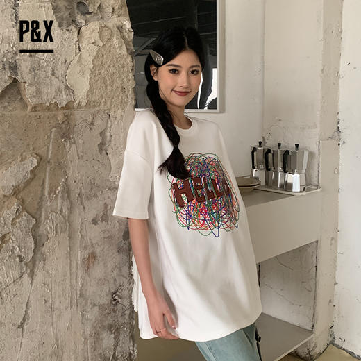 P&X设计师女装新款夏季美式涂鸦印花小众设计感T恤824202561B 白色 商品图1