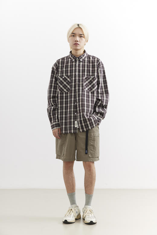 吃茶去chichaqu25全棉格纹口袋长袖衬衫宽松复古经典休闲百搭男女 商品图6