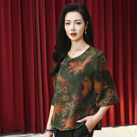 LS-LX2806高端花罗香云纱上衣女2025新款中式大码洋气桑蚕丝真丝衬衫 商品图1