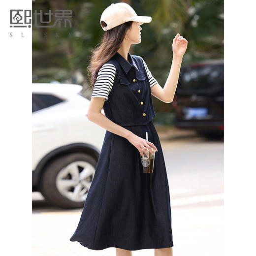【专属特价】熙世界法式休闲风条纹短袖拼接假两件牛仔蓝连衣裙女2025夏季新款 商品图0