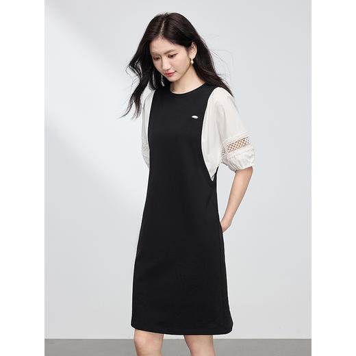 【专属特价】熙世界法式镂空泡泡袖假两件拼接黑色连衣裙女小个子2025夏季新款 商品图3