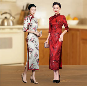 HQ-JYJ-035-1改良旗袍复古国风春秋长款七分袖时尚礼服修身显瘦旗袍连衣裙