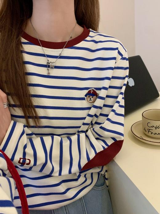 素家同款条纹小熊！2025新款宽松休闲男女款长袖T恤百搭显瘦撞色圆领衫！ 商品图5