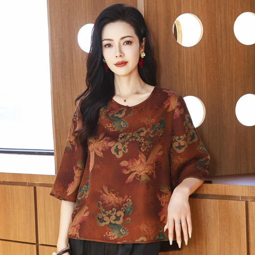 LS-LX2806高端花罗香云纱上衣女2025新款中式大码洋气桑蚕丝真丝衬衫 商品图3