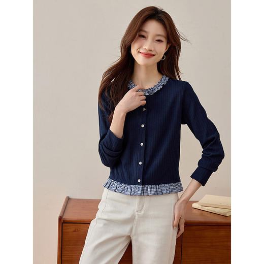 【年终特卖】熙世界学院风针织卫衣女设计感撞色木耳边假两件上衣2025春日新款 商品图3