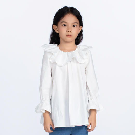 鹿谧 白色纯棉荷叶领衬衫 商品图2