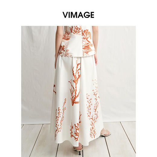 VIMAGE纬漫纪度假风珊瑚印花高腰浪漫显瘦A字半身裙2025夏季新款V2306917 商品图5