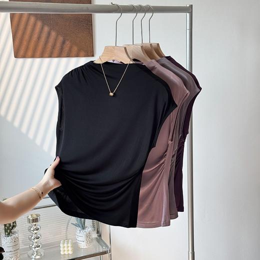 丁摩 真丝褶皱设计感女t恤气质无袖桑蚕丝上衣JSY1800178 商品图8