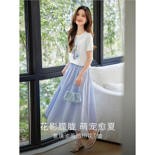 【专属特价】熙世界郁金香猫咪油画印花T恤女短袖休闲风圆领上衣2025夏季新款 商品图2