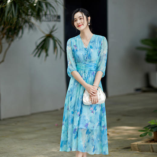 彩蝶印花松紧腰双绉真丝连衣裙CS90433 商品图0