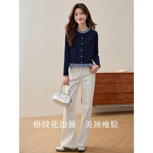 【年终特卖】熙世界学院风针织卫衣女设计感撞色木耳边假两件上衣2025春日新款 商品图2