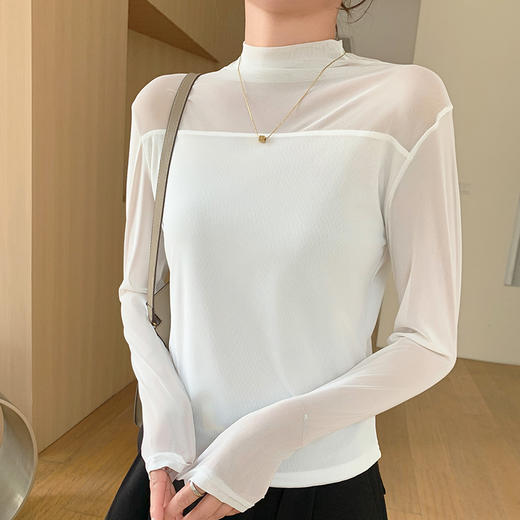 半高领蕾丝双层网纱打底衫女长袖T恤修身显瘦透视内搭上衣女春夏 商品图1