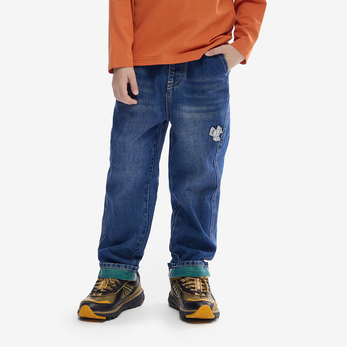 【秒】【MQD】童装男童牛仔裤春秋装款水洗翻边宽松休闲儿童直筒长裤子