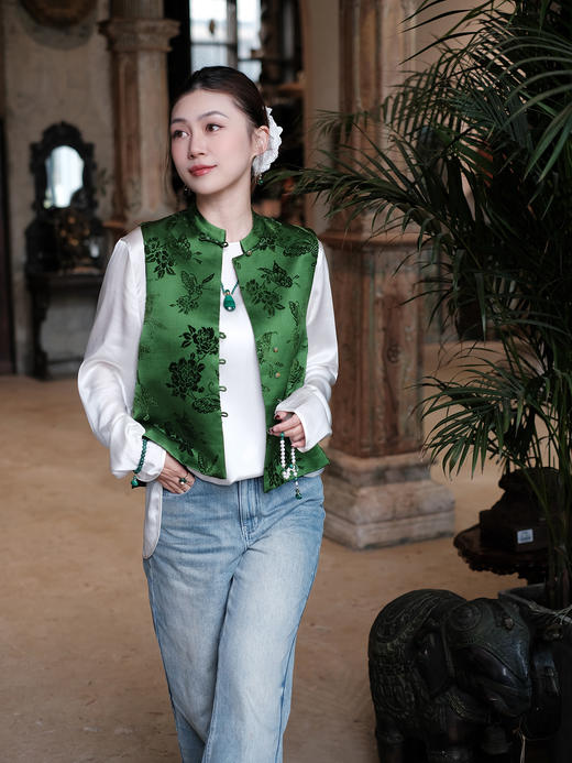 盛唐牡丹| 蝶恋花真丝漳缎马甲 商品图1