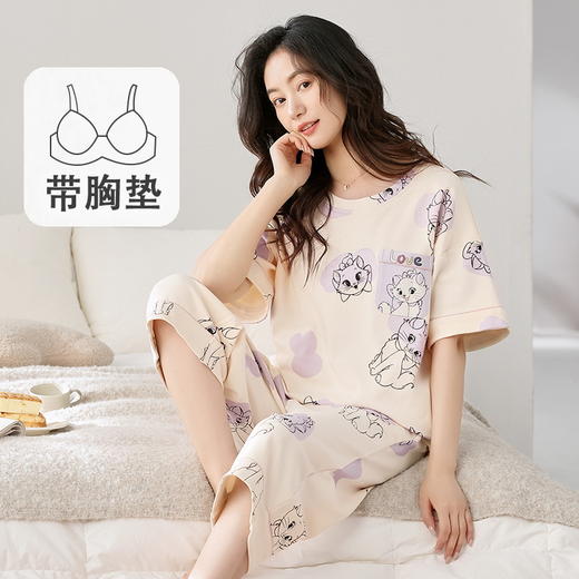 2025新款带胸垫睡衣女夏短袖七分裤套装家居服学生薄款卡通凉爽透气免穿文胸 商品图2