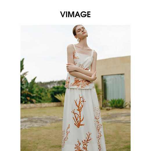 VIMAGE纬漫纪度假风珊瑚印花高腰浪漫显瘦A字半身裙2025夏季新款V2306917 商品图1