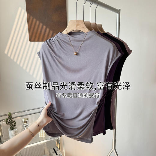 丁摩 真丝褶皱设计感女t恤气质无袖桑蚕丝上衣JSY1800178 商品图1