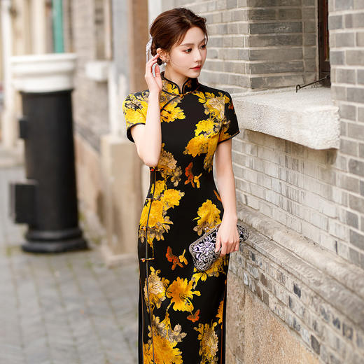 HQ-JYJ202改良真丝旗袍夏季女2025新款斜襟短袖老上海桑蚕丝连衣裙日常修身 商品图2