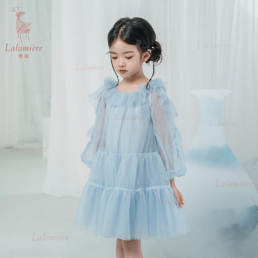 鹿谧 云蓝色荷叶袖礼服裙 商品图0