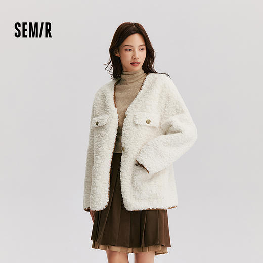森马外套女中长款仿兔毛V领落肩时尚冬新款气质宽松夹克复古 商品图1
