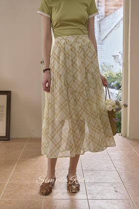 SimpleRetro轻盈假日感格子半身裙女高腰大裙摆a字裙